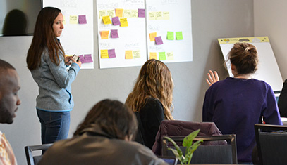 group with wall of post it notes